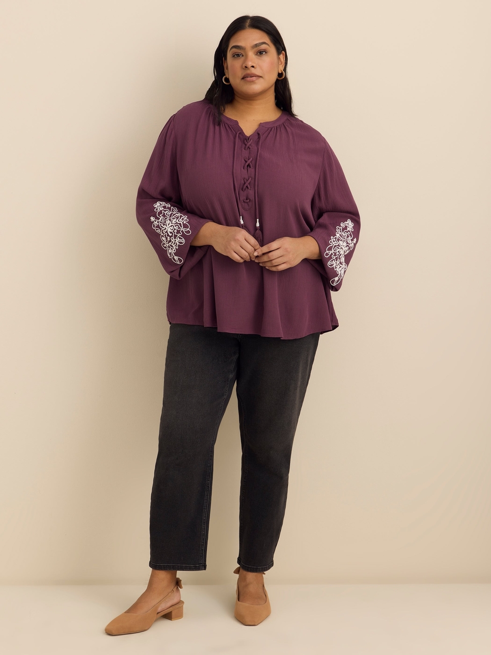 Penningtons Womens Plum Boho Embroidered Long-Sleeve Swing Blouse Peasant Witchy